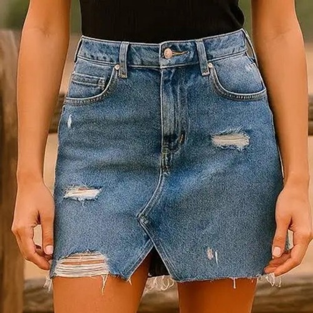 Free People We The Free Denim Mini Skirt Blue Distressed Y2K Streetwear 27